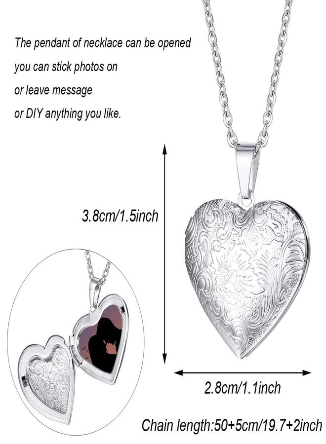 Weenkeey 2 Pcs Love Heart Locket Necklace that Holds Pictures Stainless Steel Heart Shaped Locket Pendant Necklace Memory Photo Pendant Necklace for Women - Style 5 Silver - Image 2